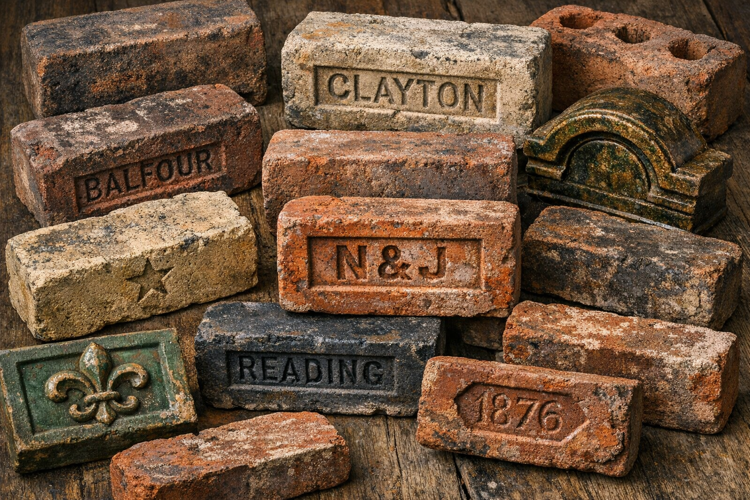 Antique bricks of different colors and styles arranged to show variety