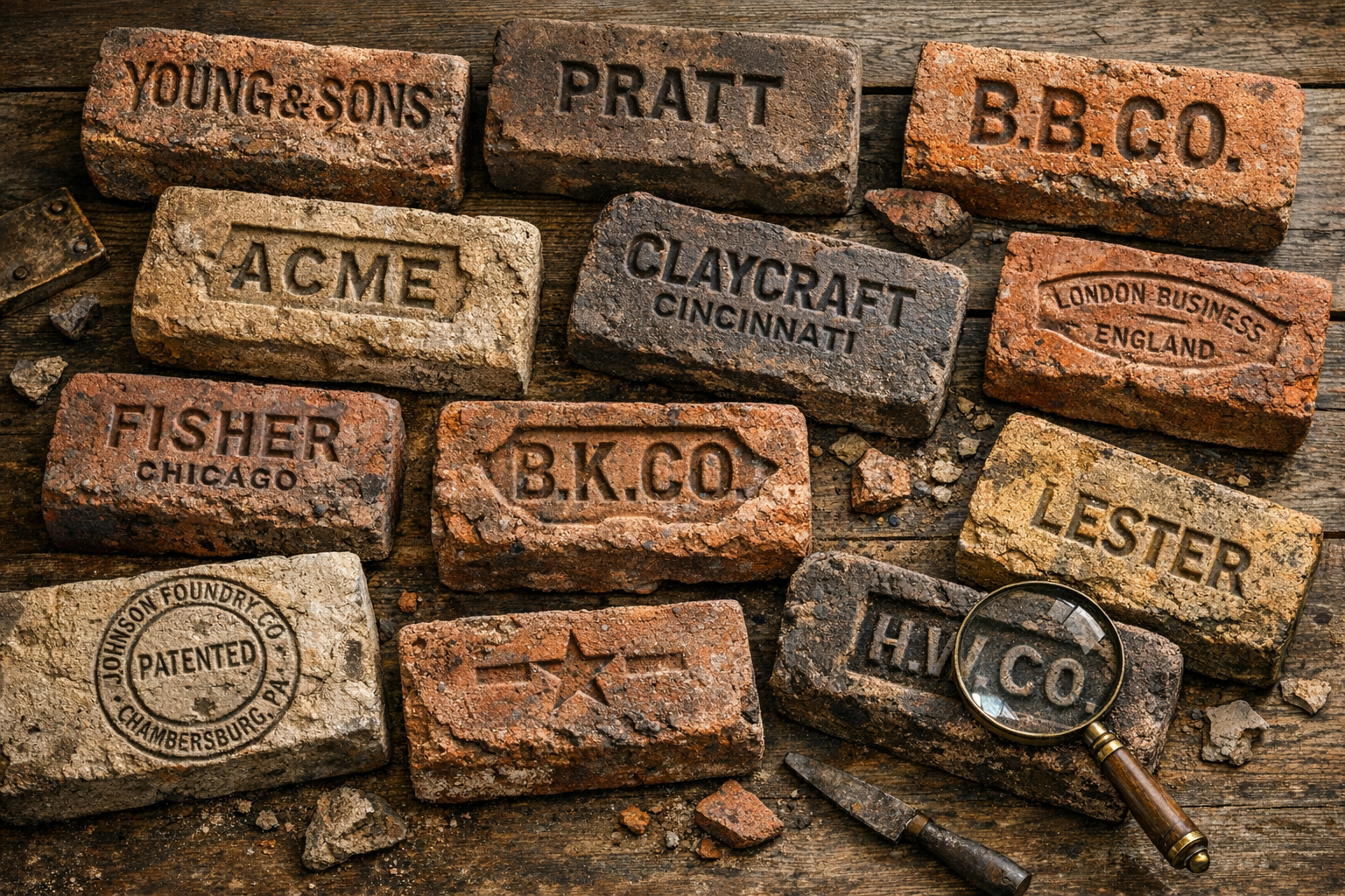 Old brick identification with maker marks, size, frog, texture, color, clay, firing marks, mortar, wear, and regional clues