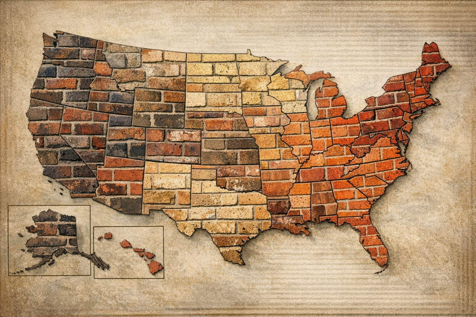 Map showing regional brick variations with different colors and textures