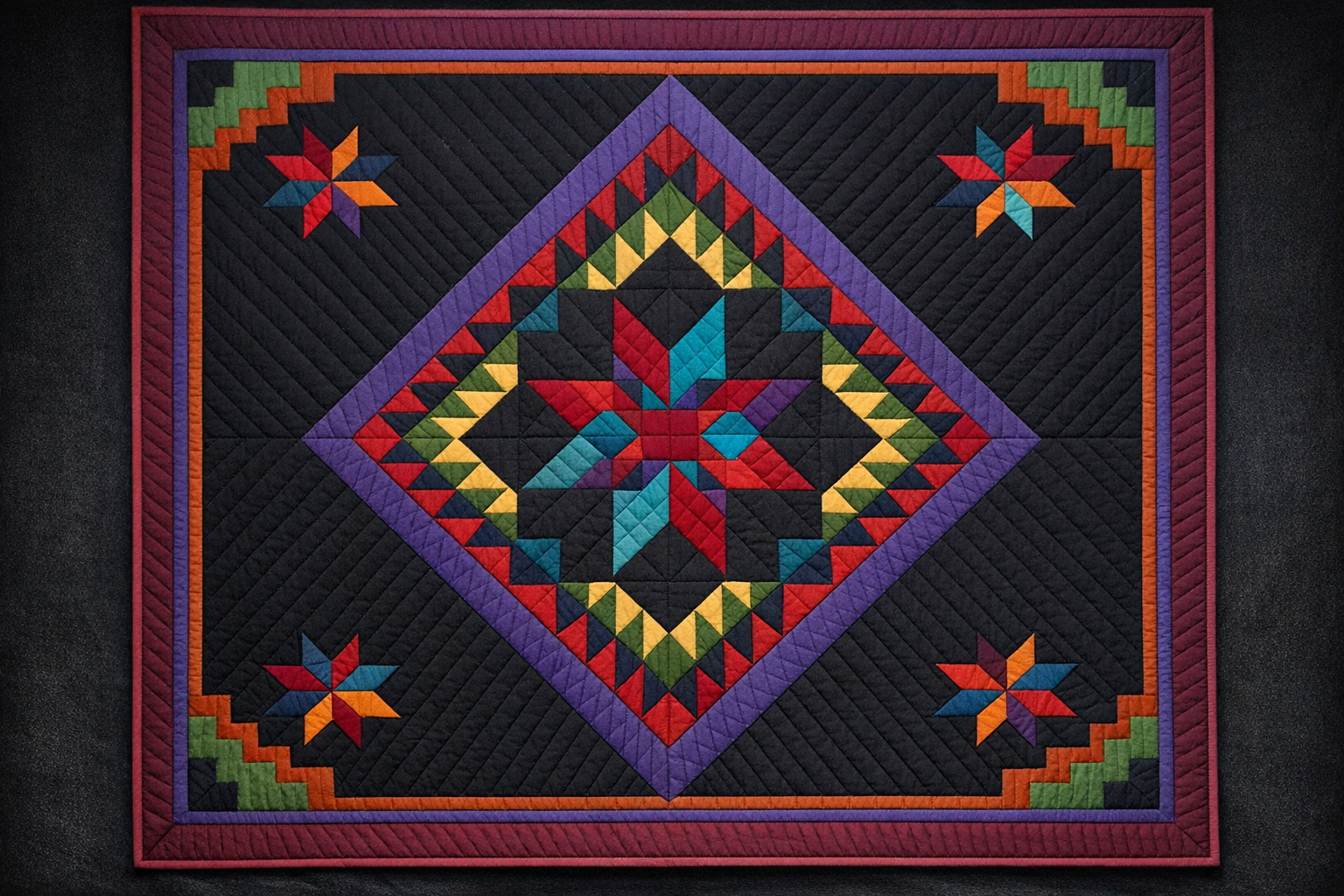 Amish-style quilt with solid fabrics and geometric pattern