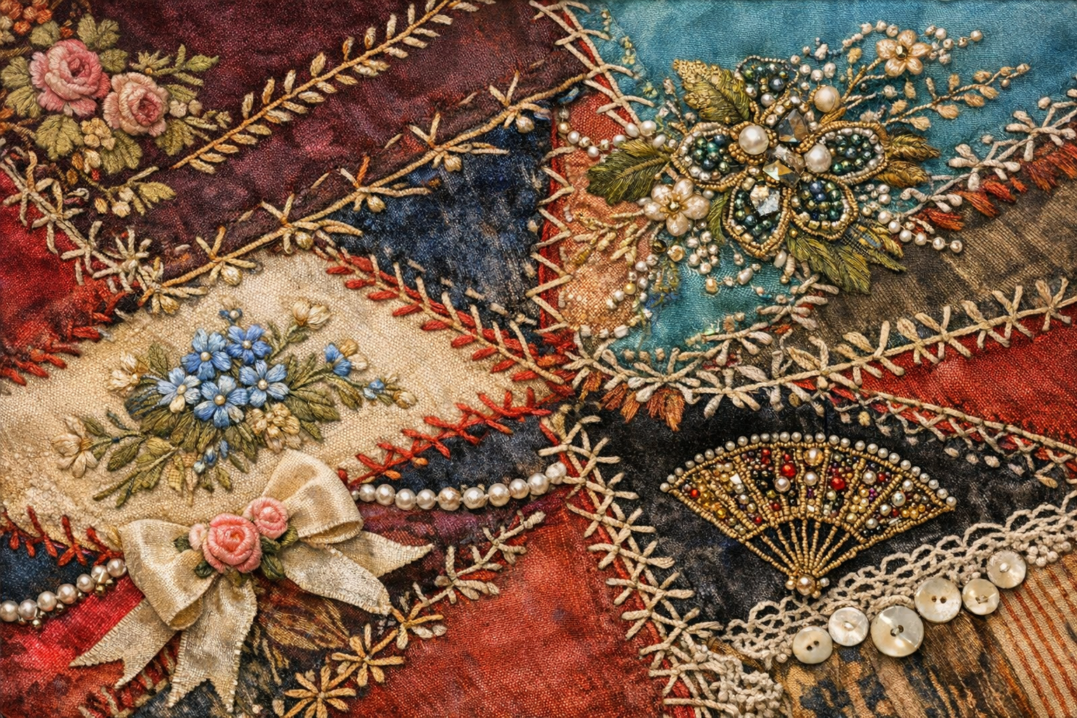 Close-up of quilt fabric and stitching techniques