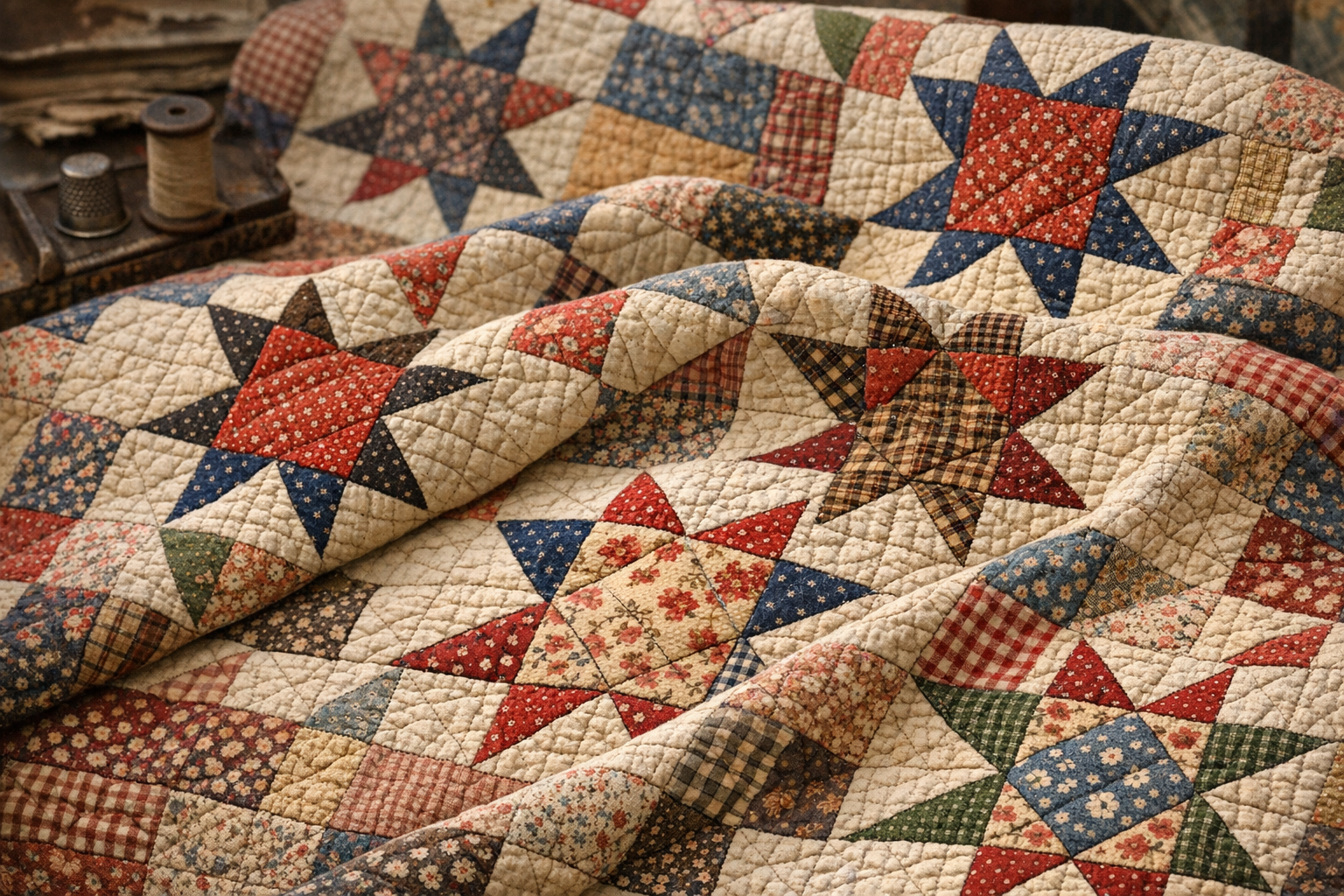 Old quilt pattern identification with block design, fabric, dyes, stitching, batting, backing, wear, repairs, and dating clues