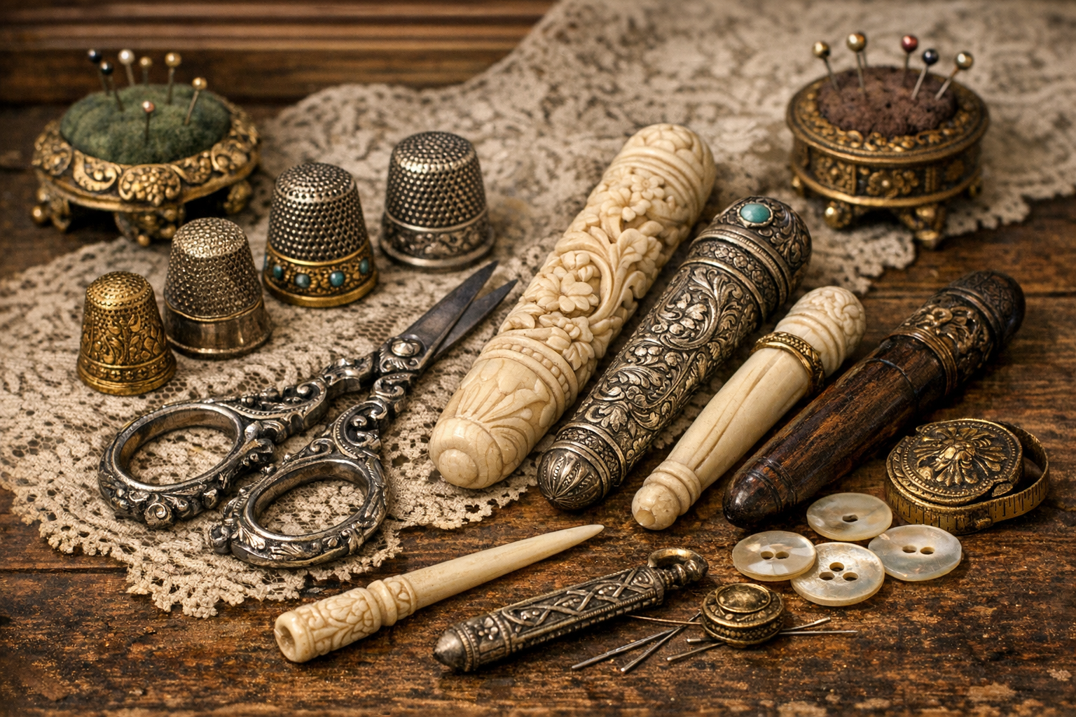 Old sewing tool identification with maker marks, materials, patents, cases, wear, completeness, ornament, repairs, and use clues
