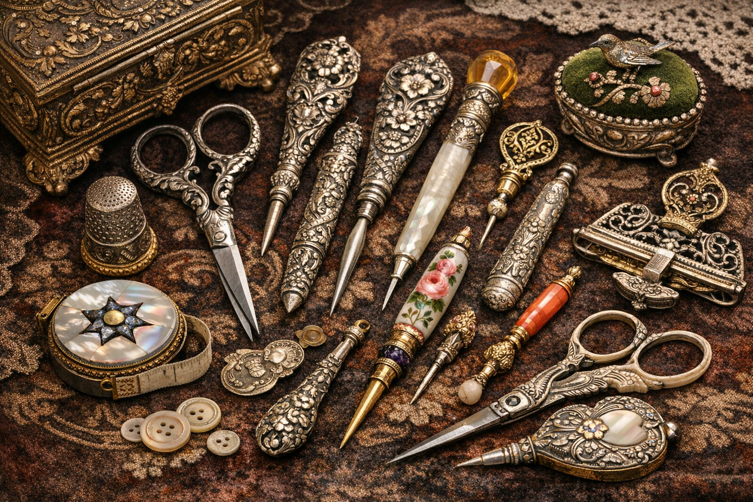 Collection of Victorian-era sewing tools with ornate designs and decorations