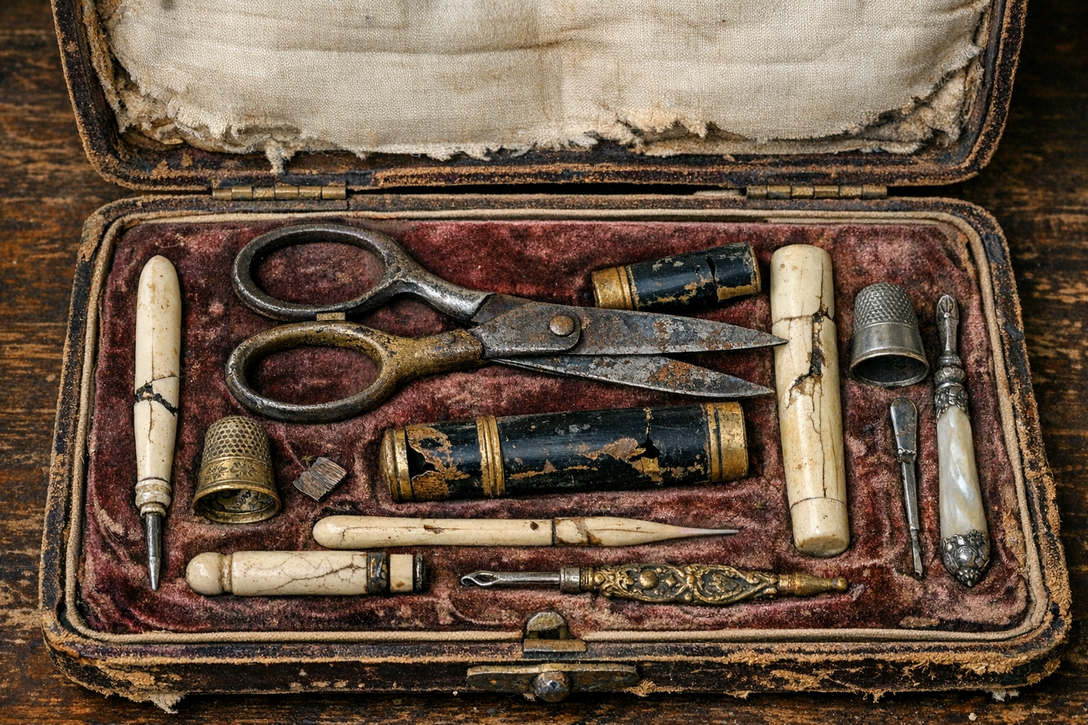 Set of antique sewing tools in original case showing patina and age