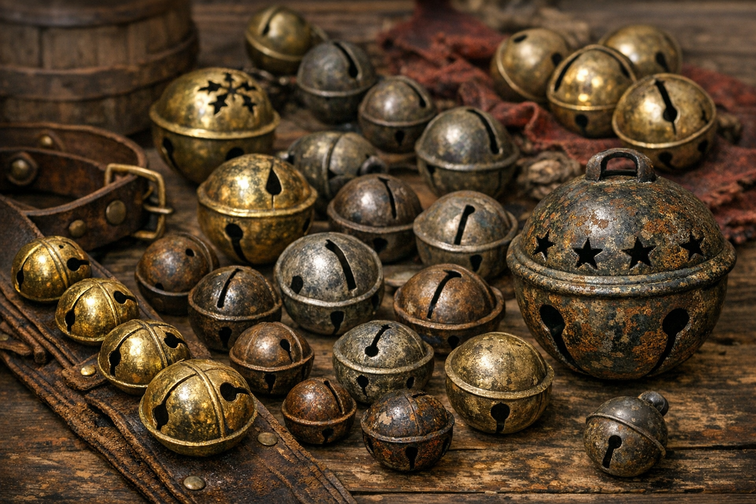Old sleigh bell identification with metal, shape, slots, maker marks, straps, patina, wear, sound, repairs, and age clues