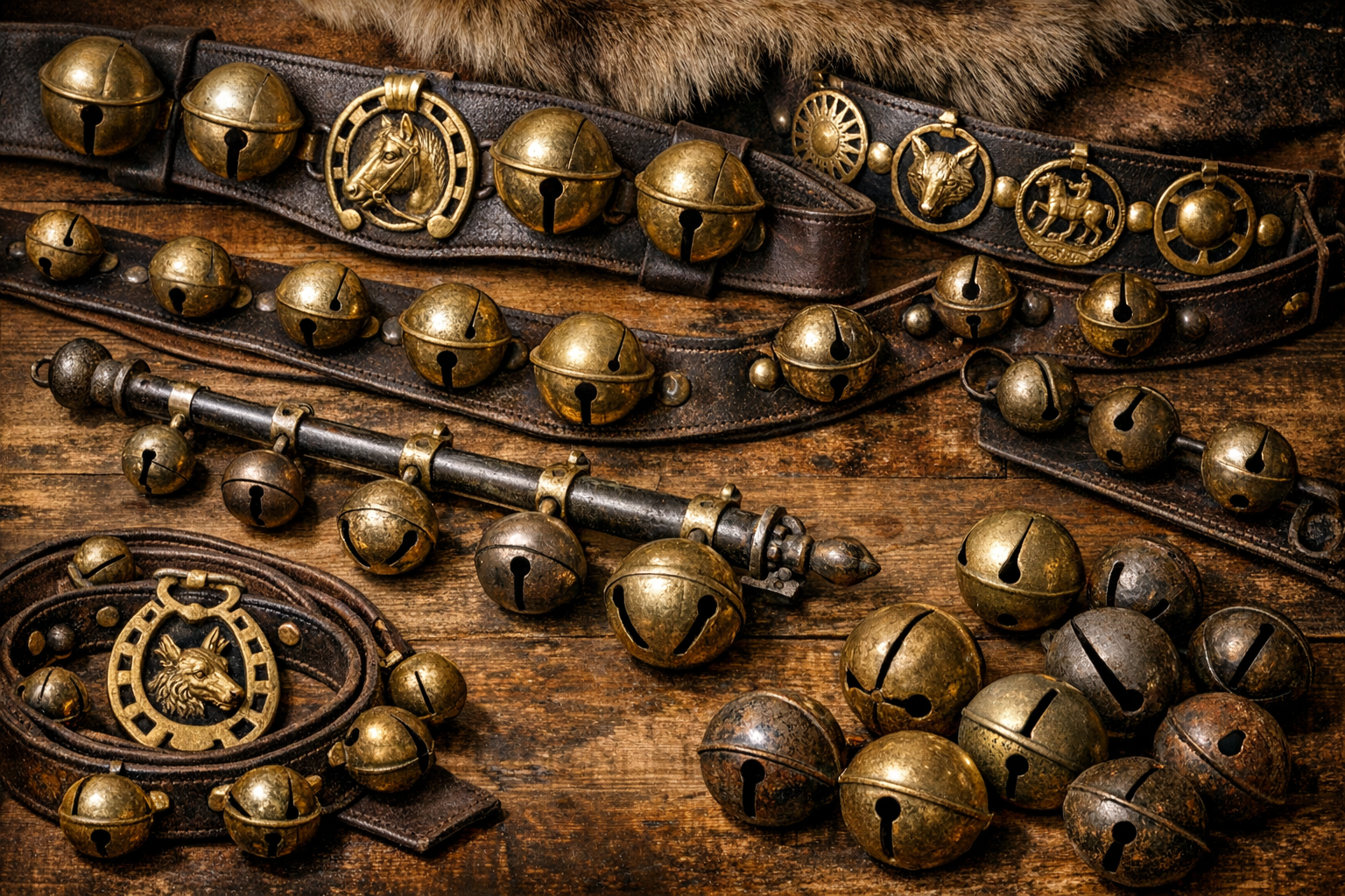 Collection of various antique sleigh bells showing different manufacturing techniques