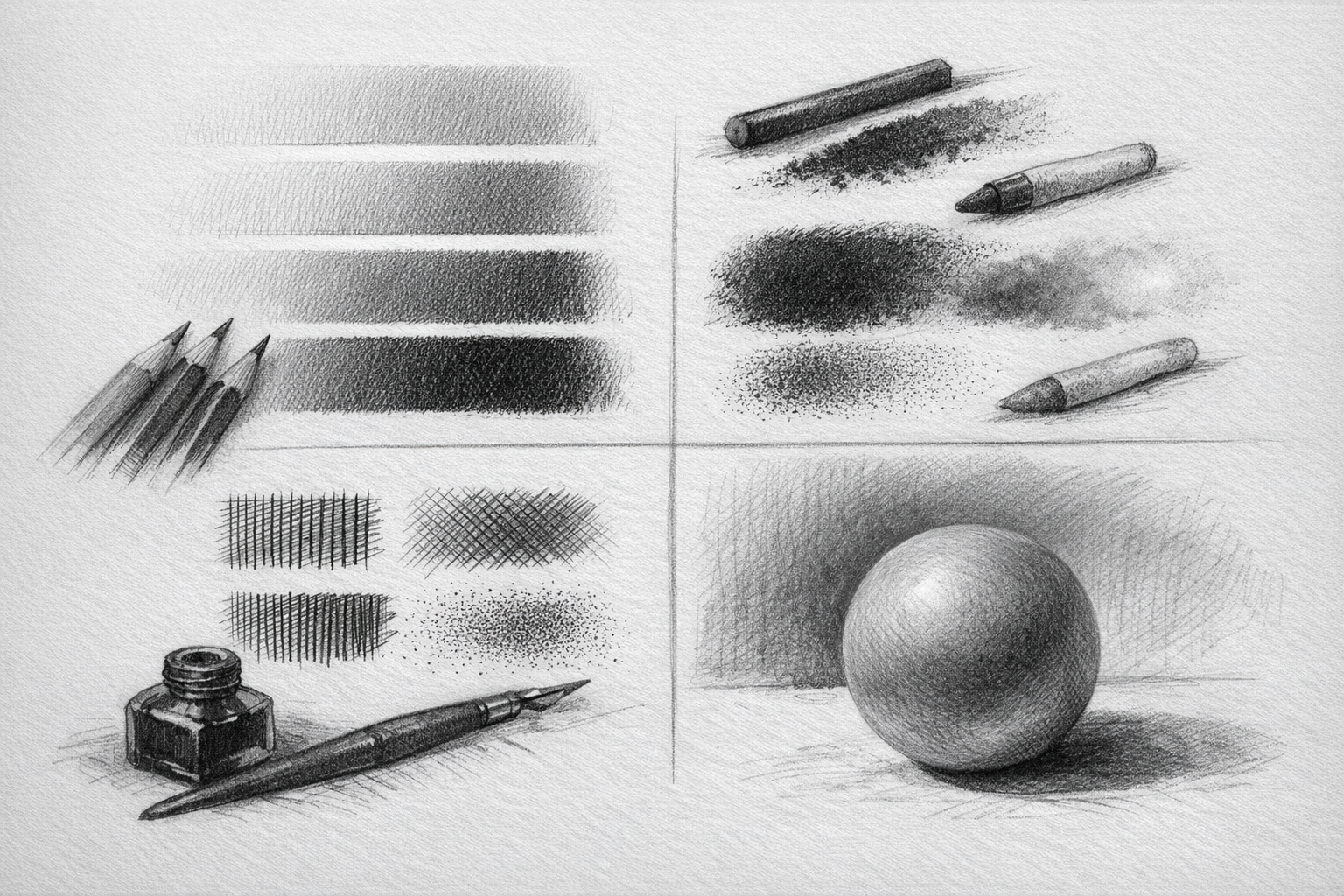 A detailed pencil drawing showing various shading techniques