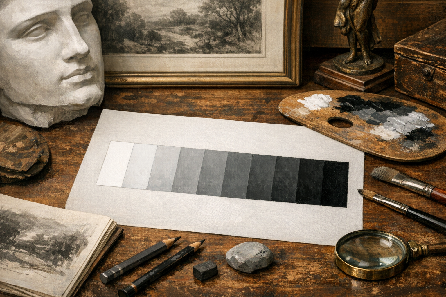 Value in art illustrated with grayscale tonal range, light and dark relationships, contrast, depth, mood, and composition clues