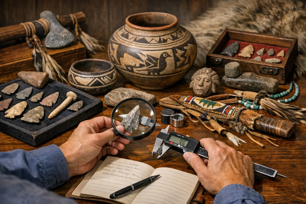 Indian artifacts appraisal with material, form, wear, provenance, legality, condition, photos, measurements, and appraisal evidence