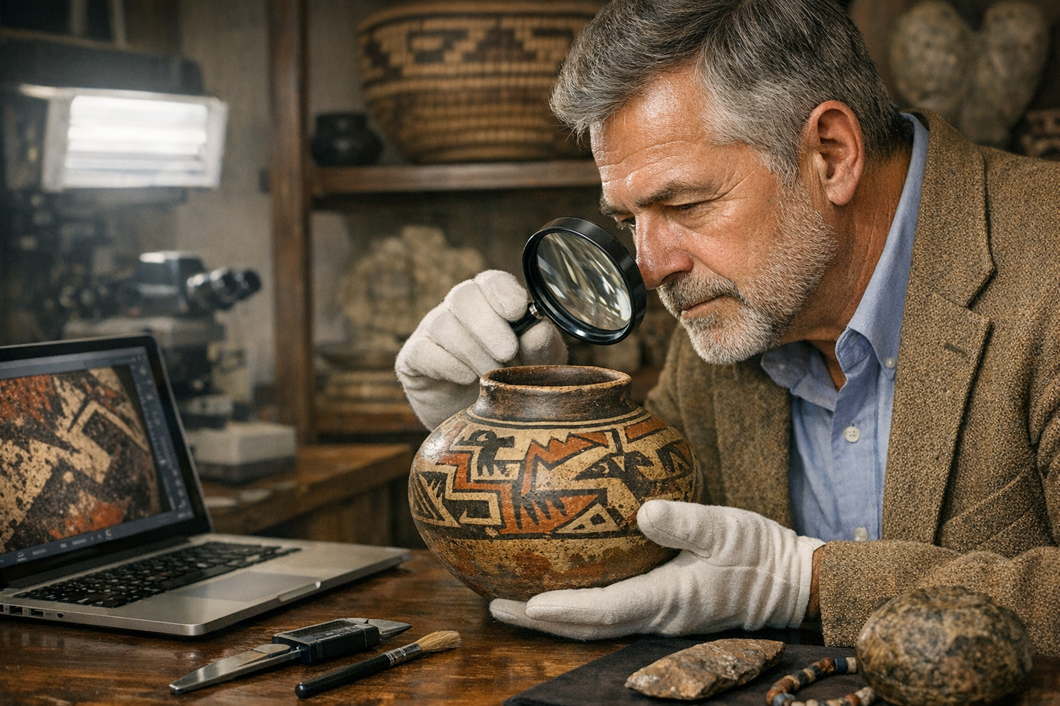 Appraiser examining a Native American pottery piece with magnifying glass
