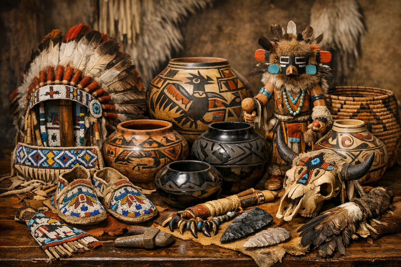 Display of high-value Native American artifacts including beadwork, pottery, and ceremonial items