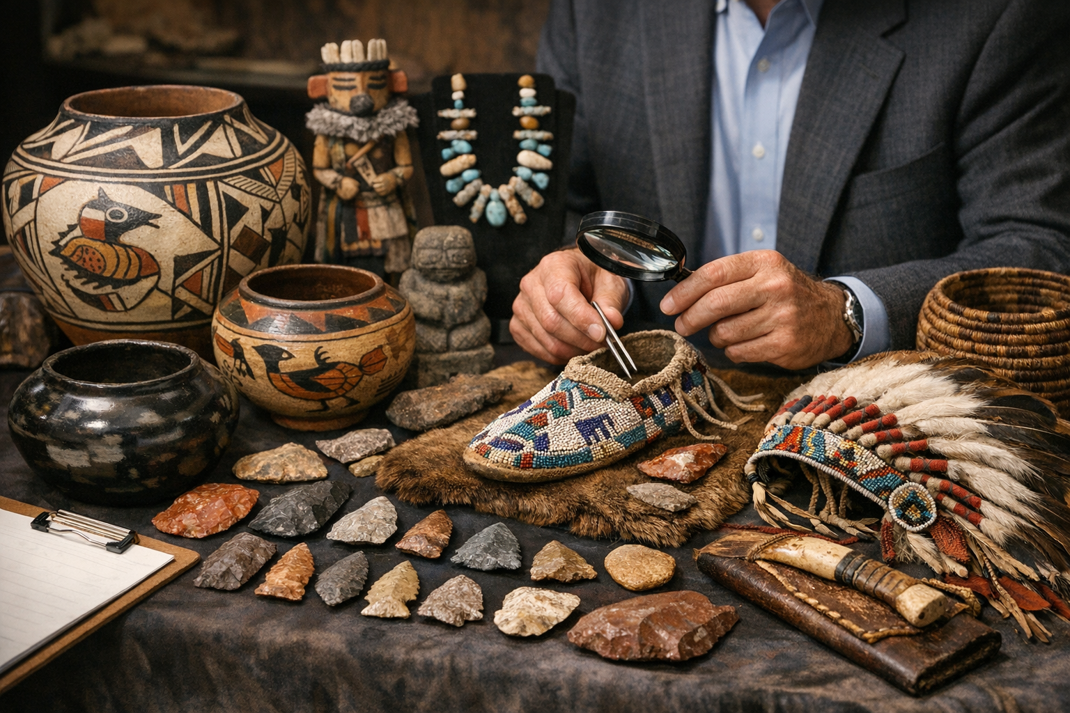 Indian artifacts appraiser review with provenance, legality, condition documentation, photos, measurements, and appraisal scope