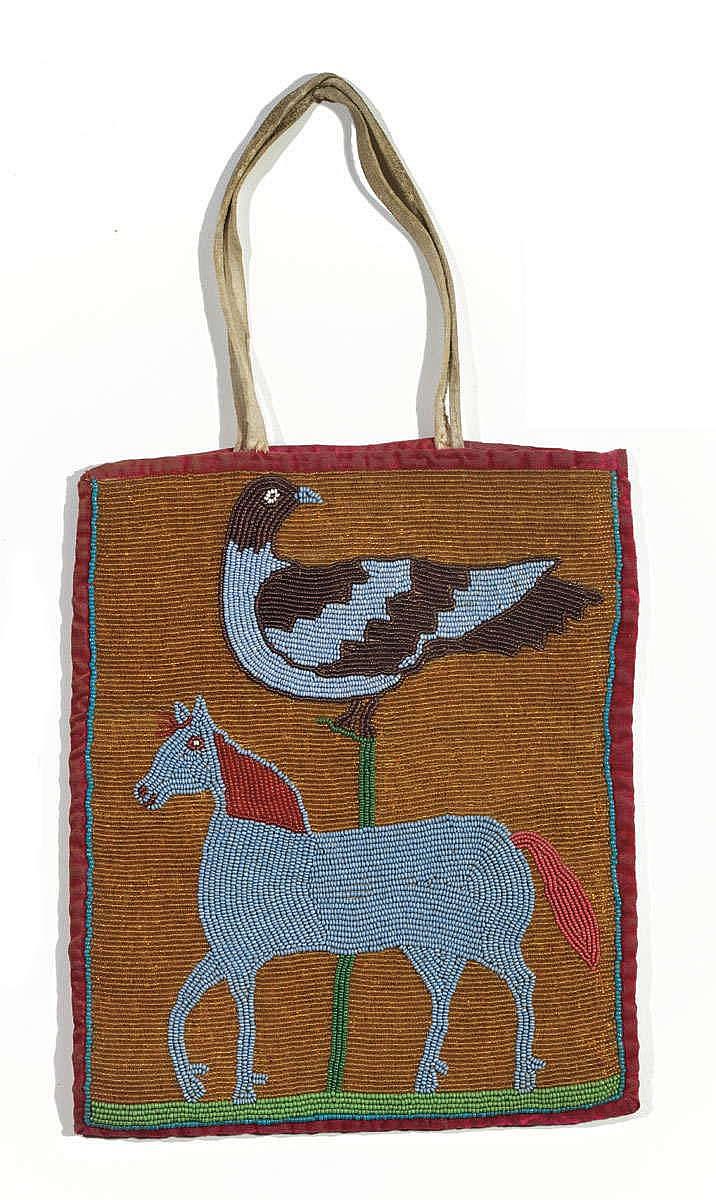 Auction photo of a Native American beadwork bag, Bourgeault-Horan Antiquarians lot 1472