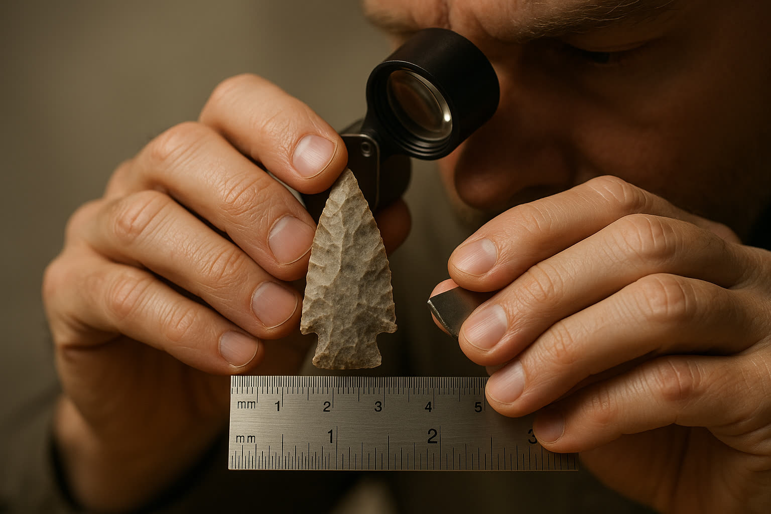 Close-up of an appraiser's hands examining a stone projectile point with a loupe and a ruler