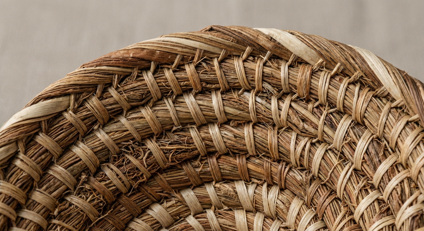 Macro view of coiled basketry stitch showing fiber texture and coil structure