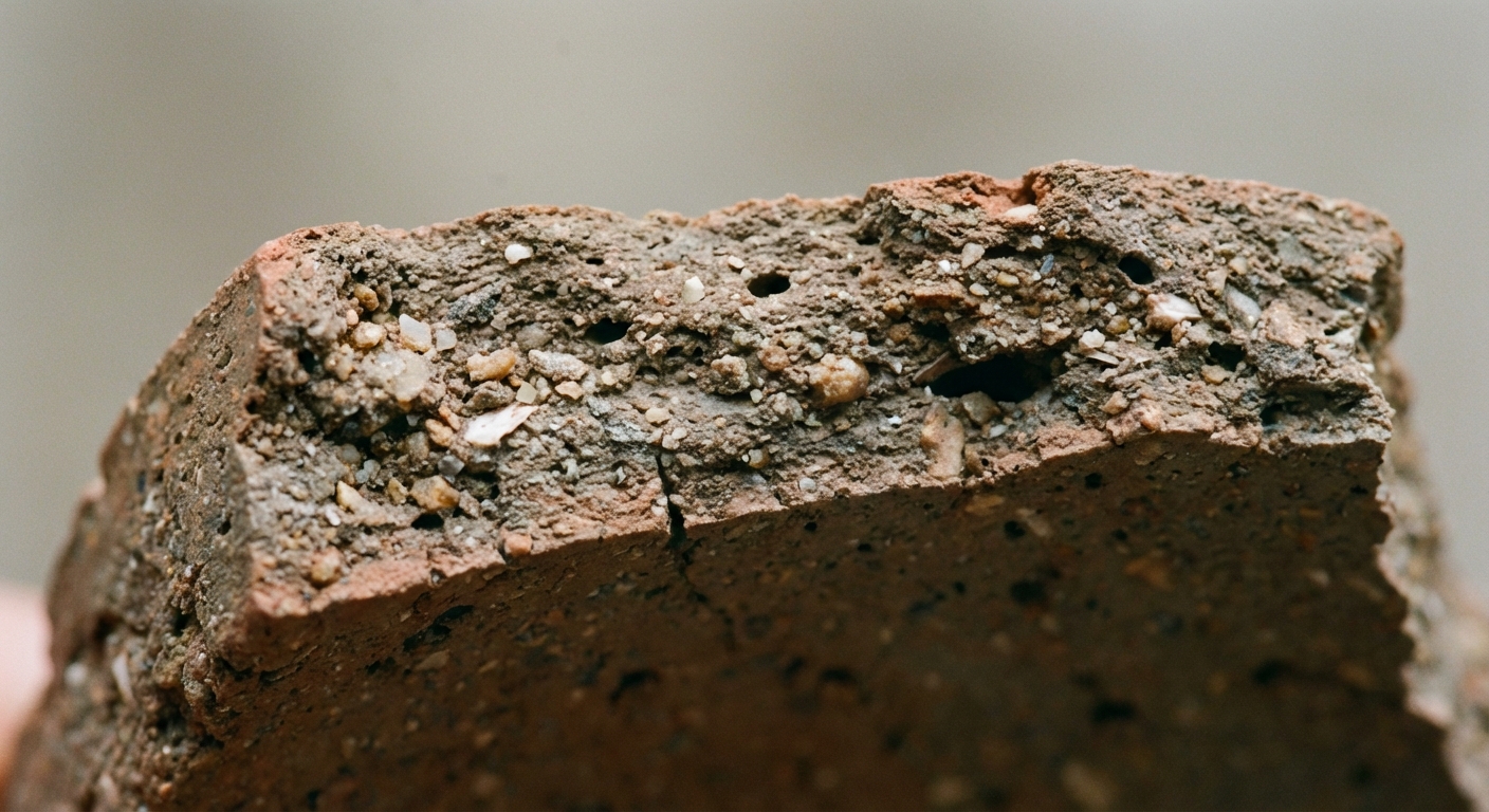 Macro view of a broken pottery sherd edge showing temper inclusions in the clay body