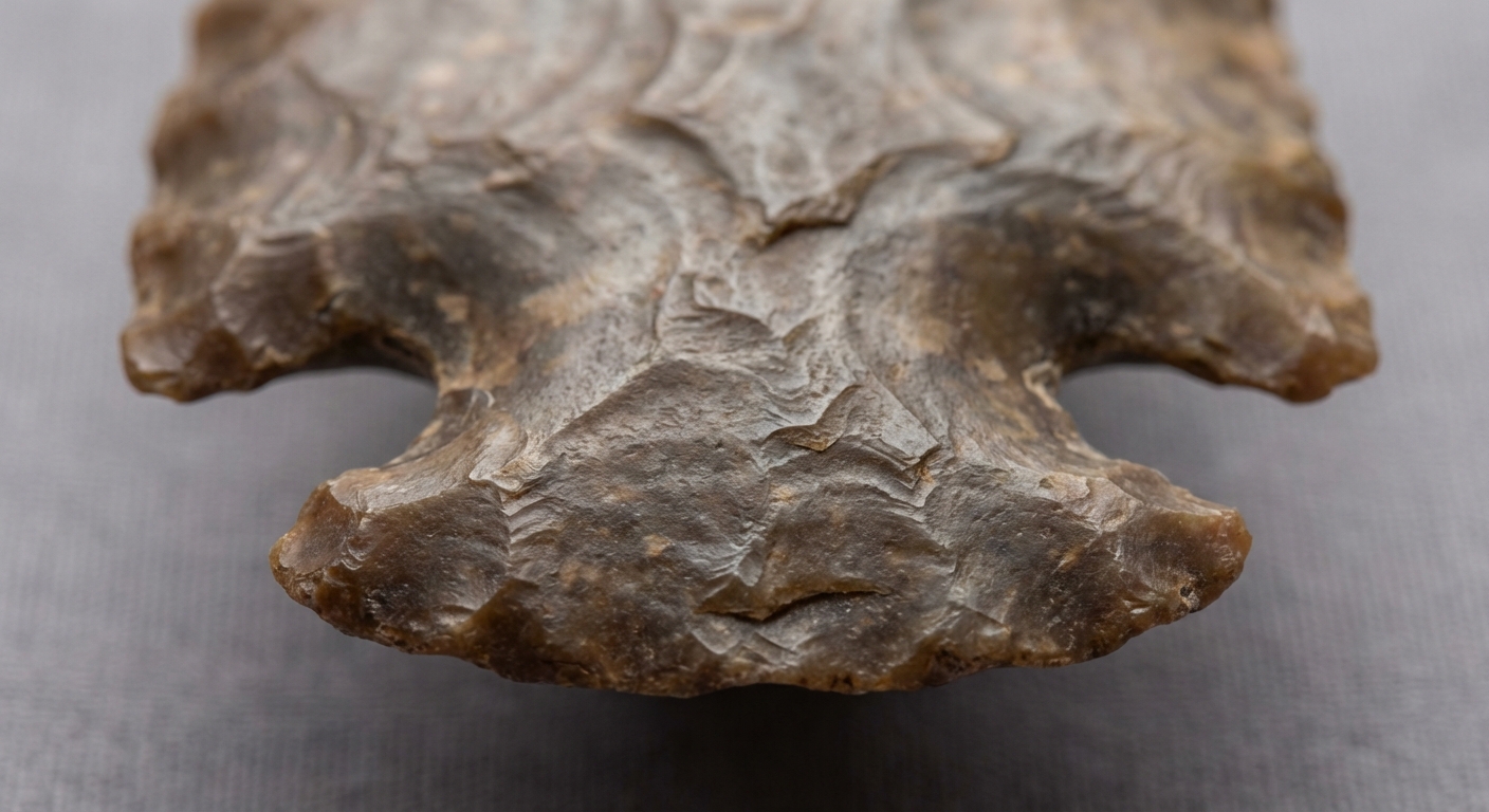 Macro close-up of a notched projectile point base showing side notches and basal grinding