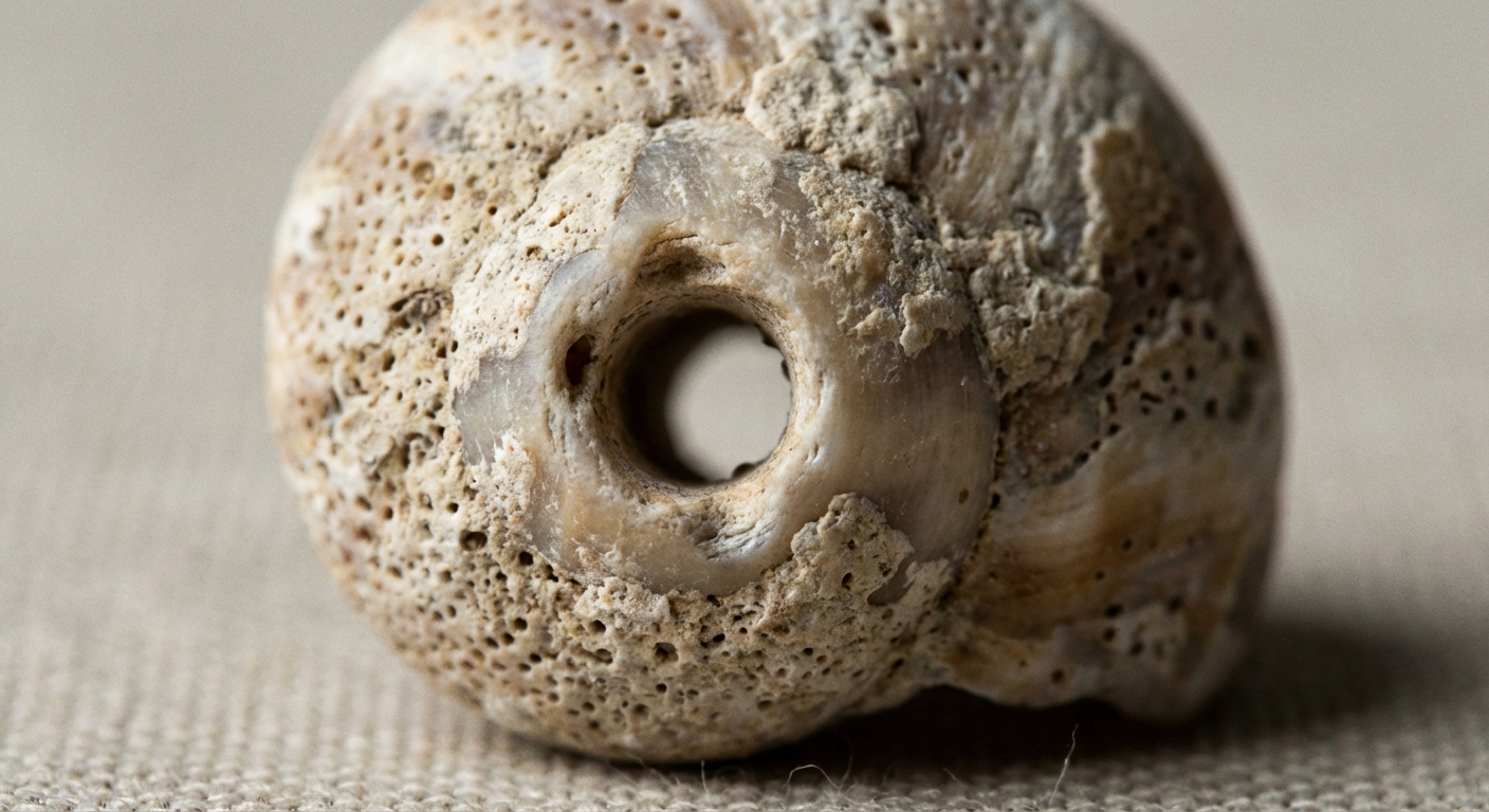 Macro photo of a shell bead with a drilled hole showing wear