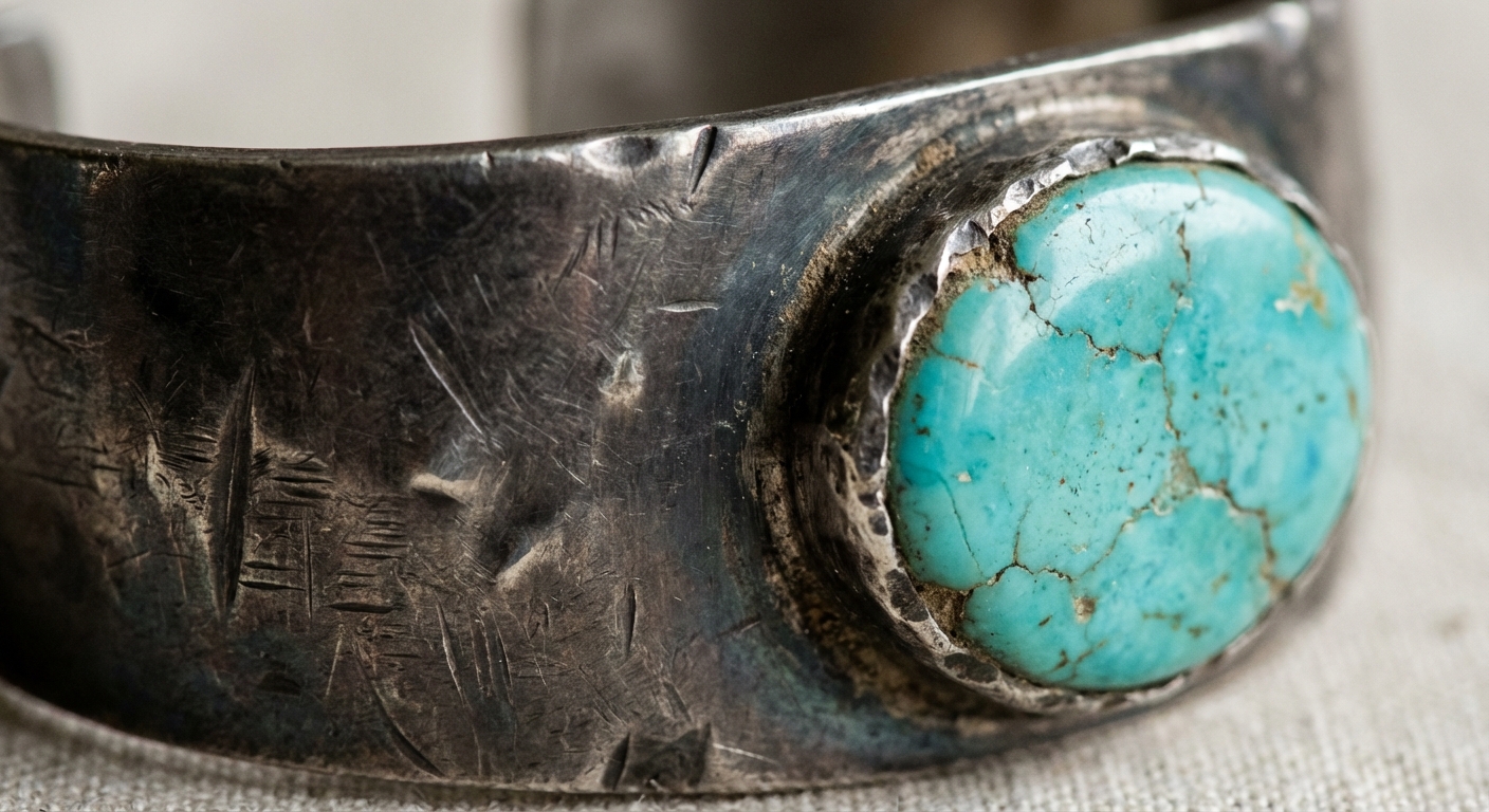 Macro close-up of silver and turquoise jewelry showing patina, bezel edge, and tool marks