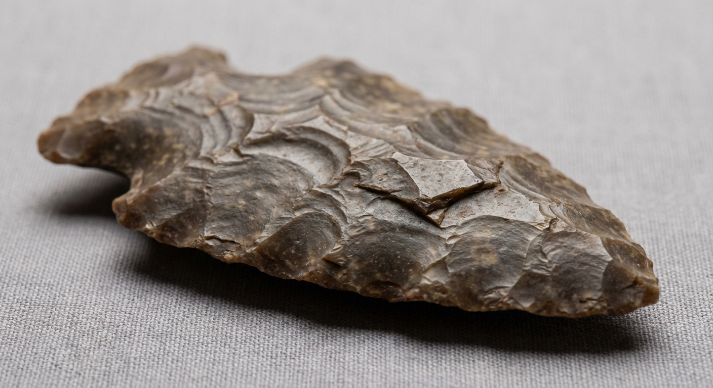 Macro view of flake-scar ridges on a chipped chert stone projectile point