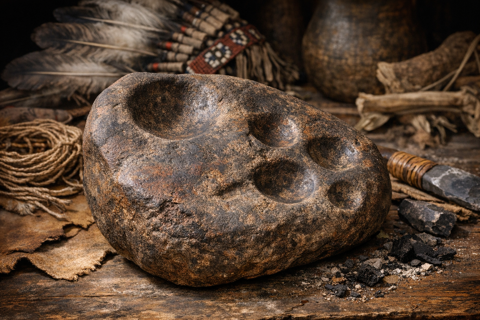 Native American fire starter rock showing multiple depressions and unique patina