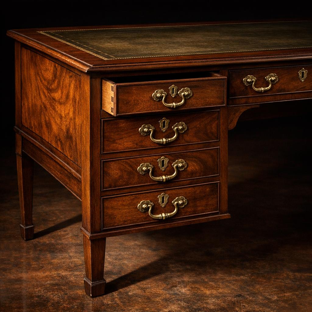 Georgian mahogany writing desk photographed with raking side light showing wood grain, dovetail joints, and brass hardware
