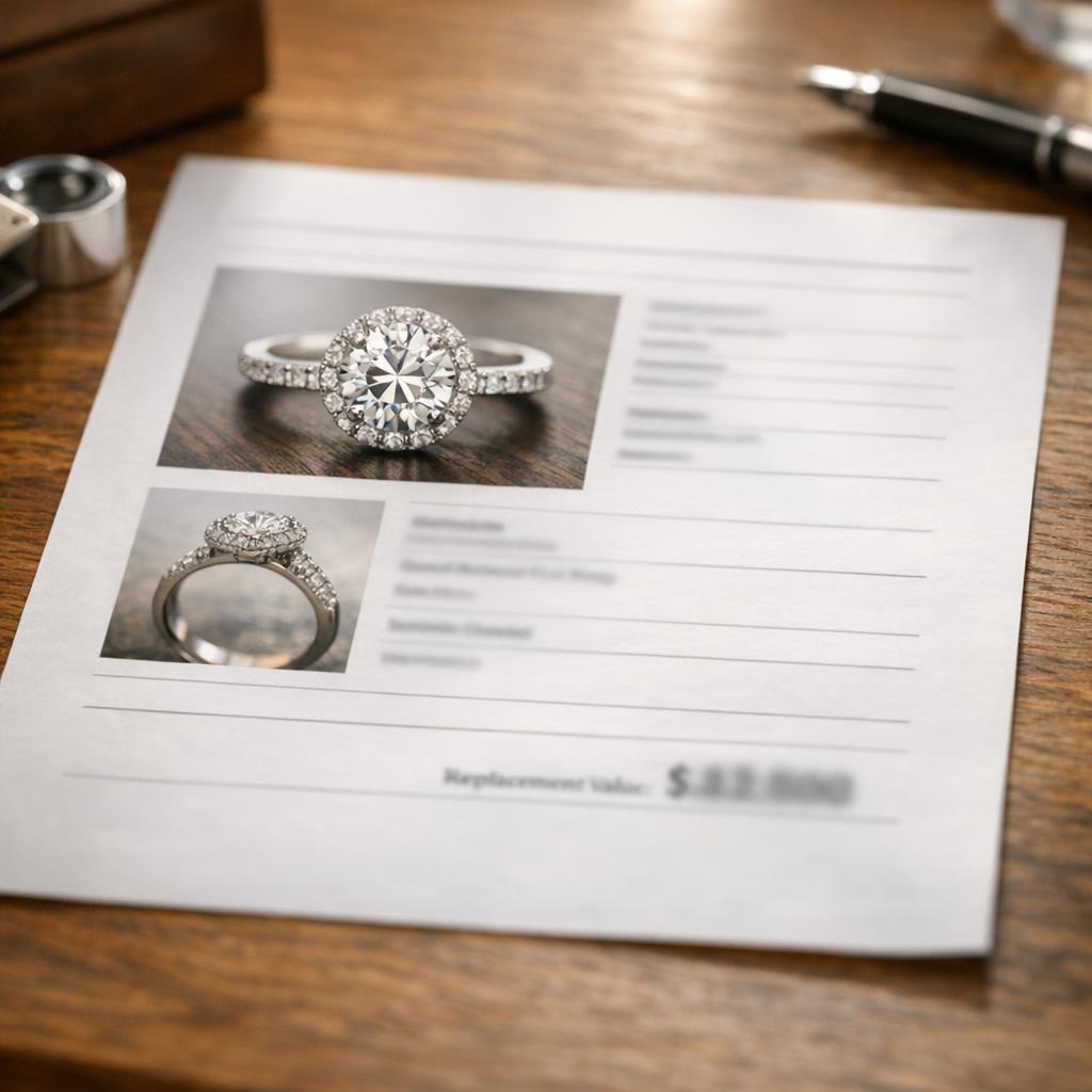 Professional jewelry appraisal document on a wooden desk with item photographs, material specifications, and a replacement value figure