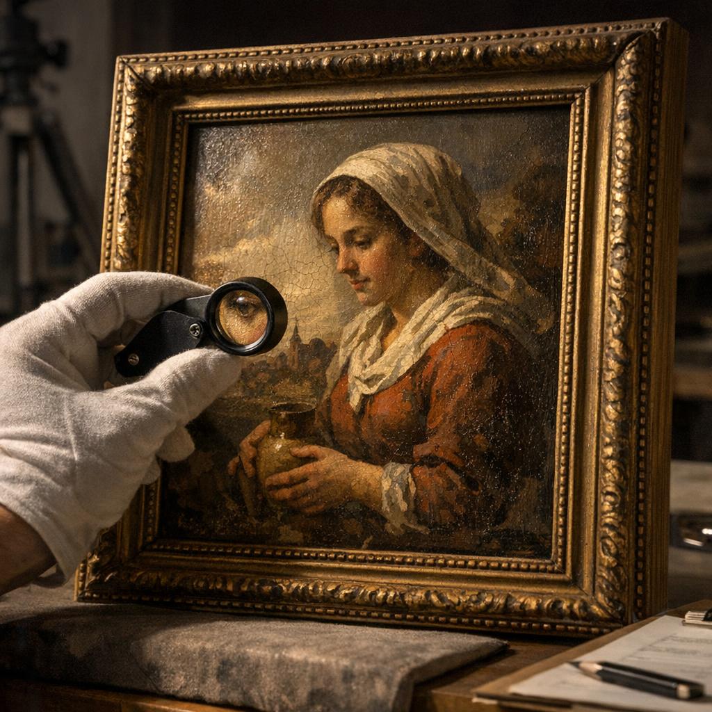 Framed oil painting examined by a gloved hand holding a loupe in a museum conservation laboratory