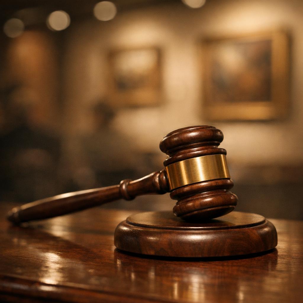 Wooden auctioneer's gavel and sound block on a polished mahogany table under warm gallery lighting