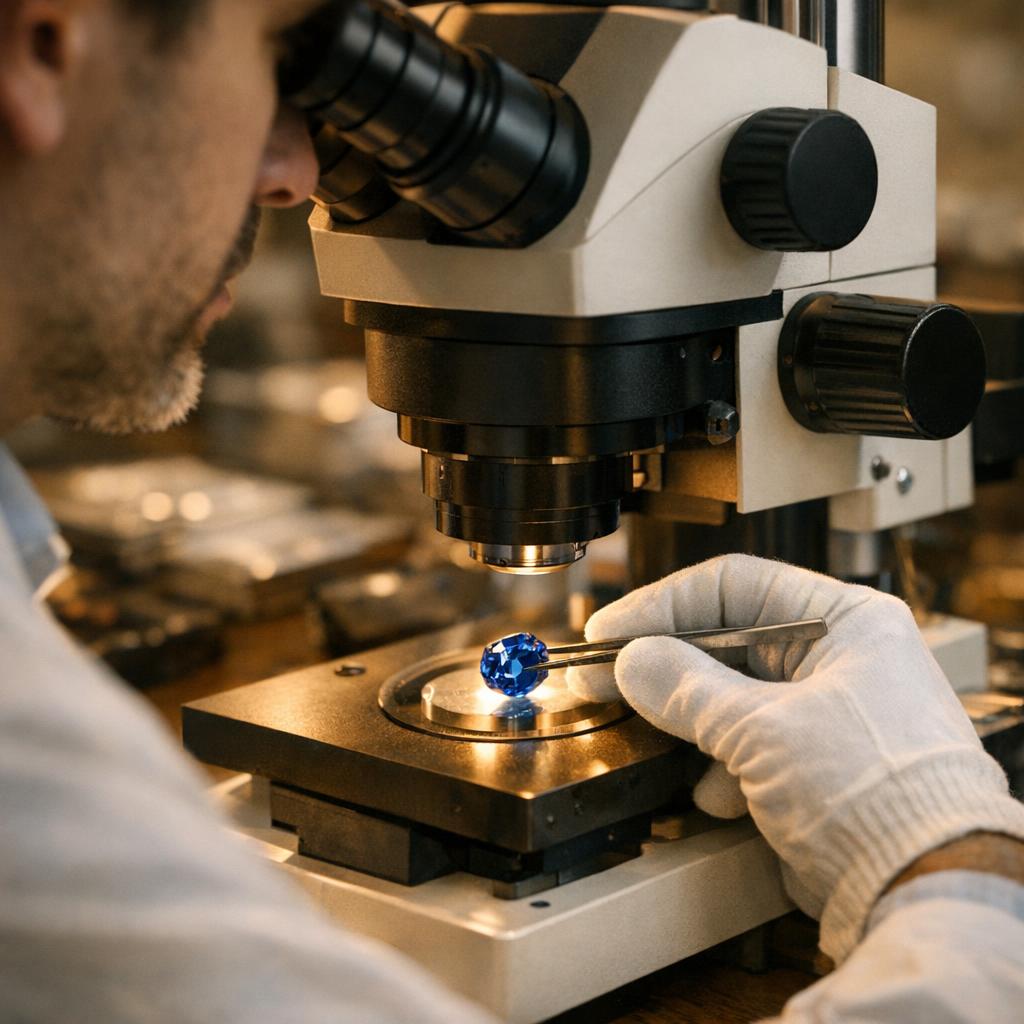 Certified gemologist examining a blue sapphire under a microscope in a laboratory setting wearing white gloves