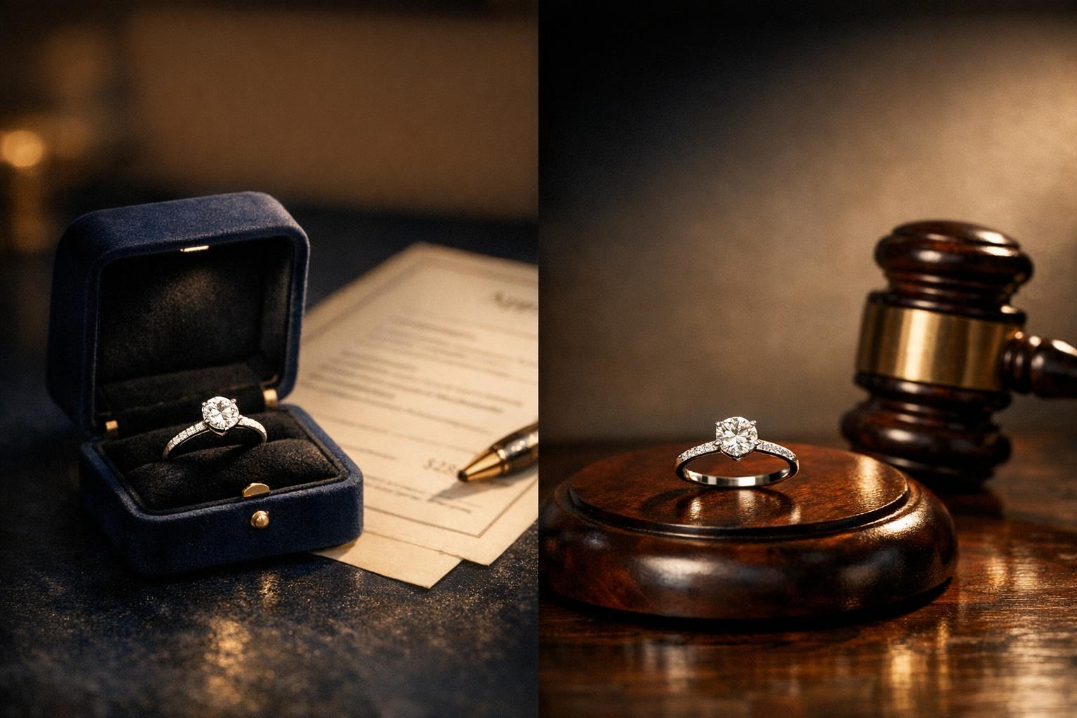 Diamond ring shown under warm retail gallery lighting on the left and on an auction block with a hammer on the right, illustrating the gap between insurance replacement value and fair market value