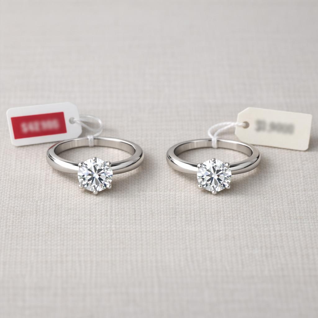 Two identical diamond engagement rings side by side, one with a higher retail price tag and one with a lower auction estimate tag, showing the valuation gap