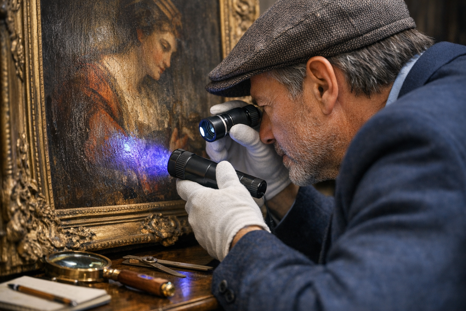 Art expert analyzing painting details with specialized tools