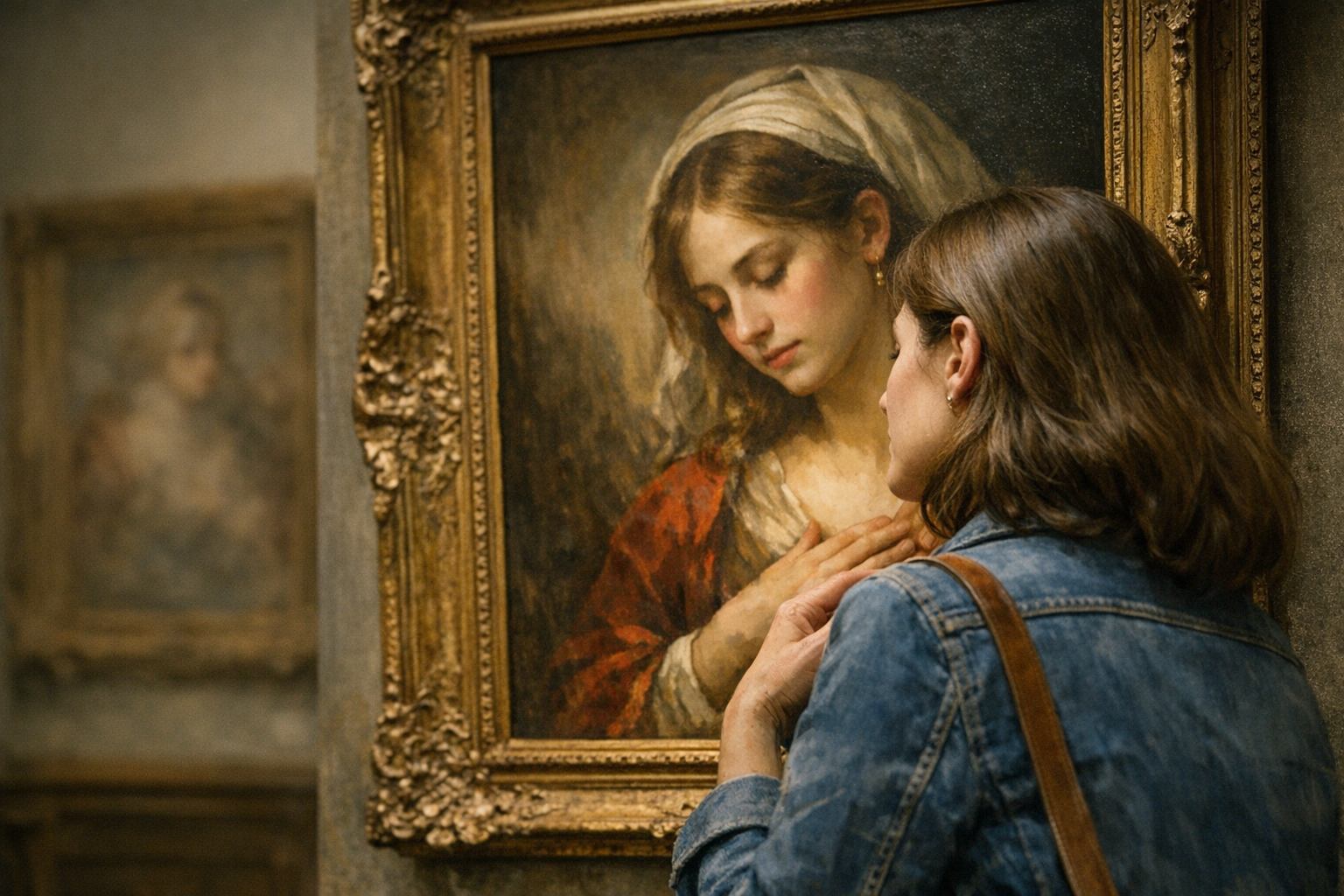 Museum visitor emotionally connecting with a masterpiece painting