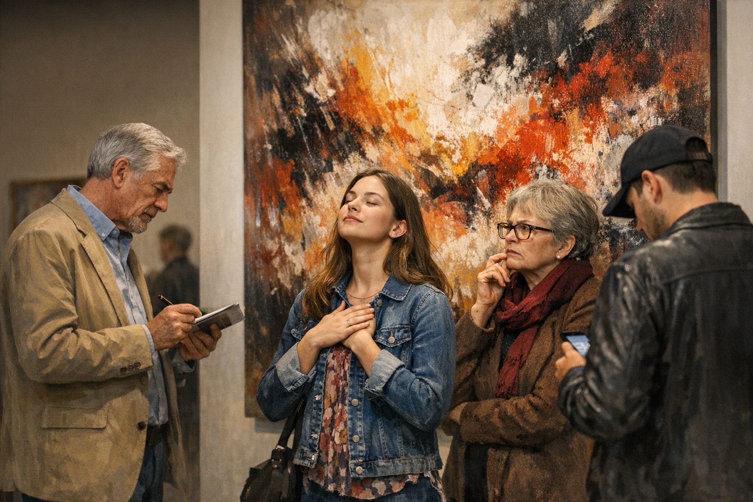 Multiple viewers having different reactions to the same artwork