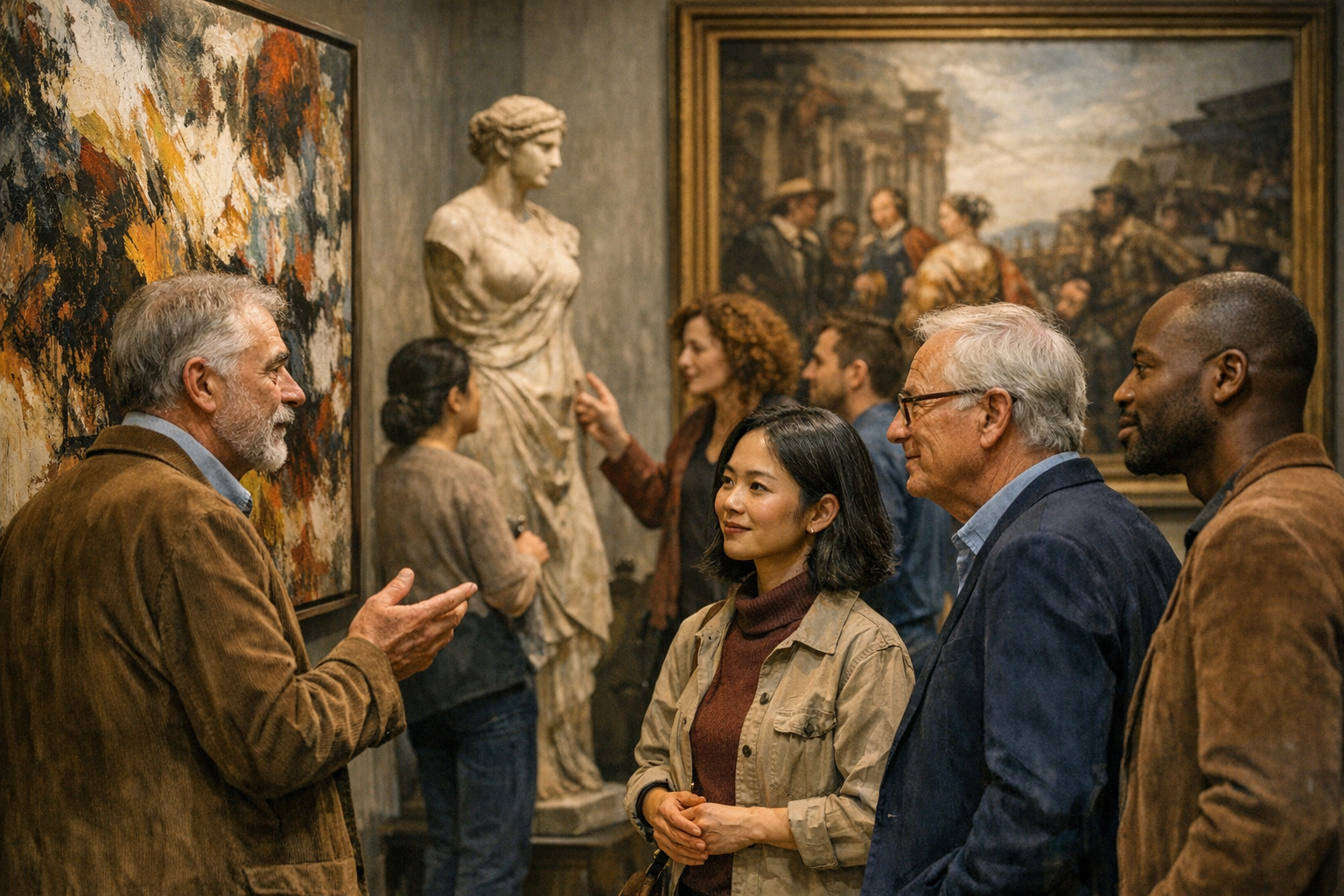 People gathered in a museum discussing artwork