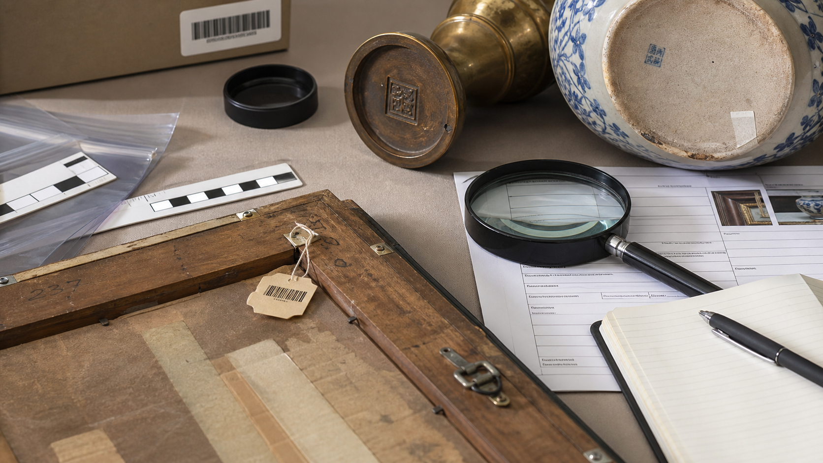 Antique appraisal desk showing labels, inventory codes, stamped maker marks, hallmarks, and research notes