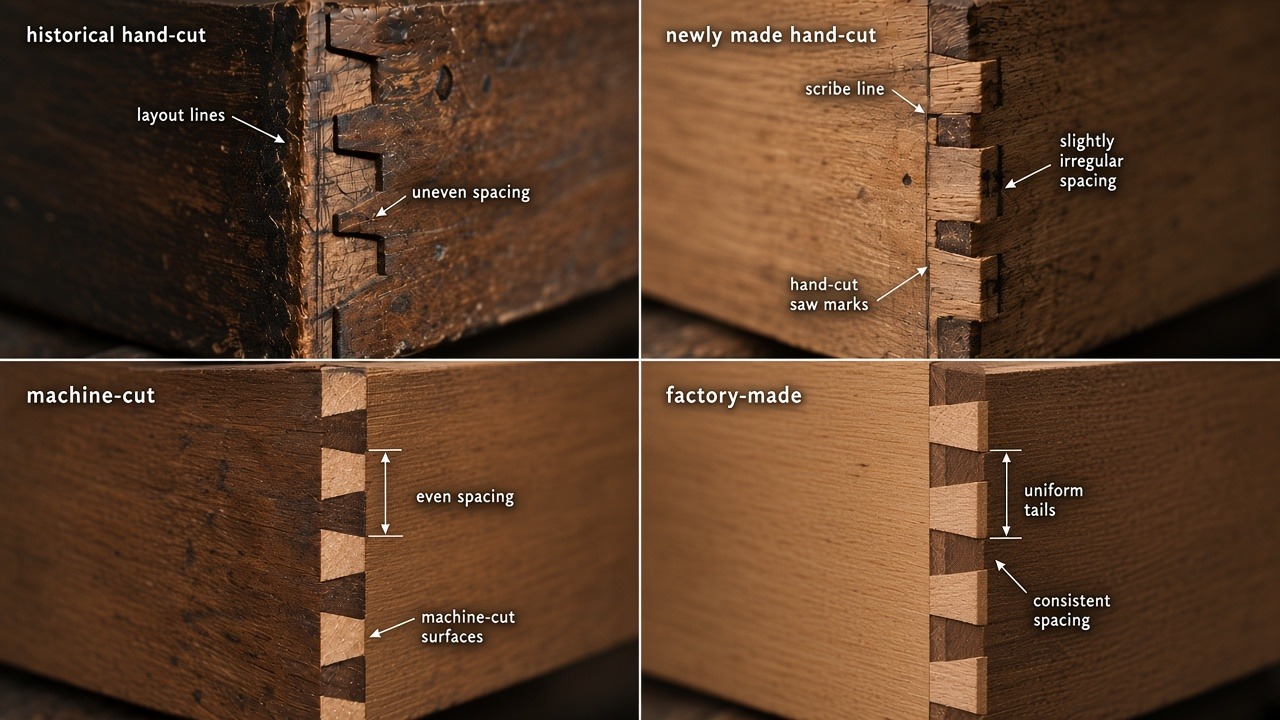 Four dovetail photographs labeled historical hand-cut, new hand-cut, machine-cut, and factory-made