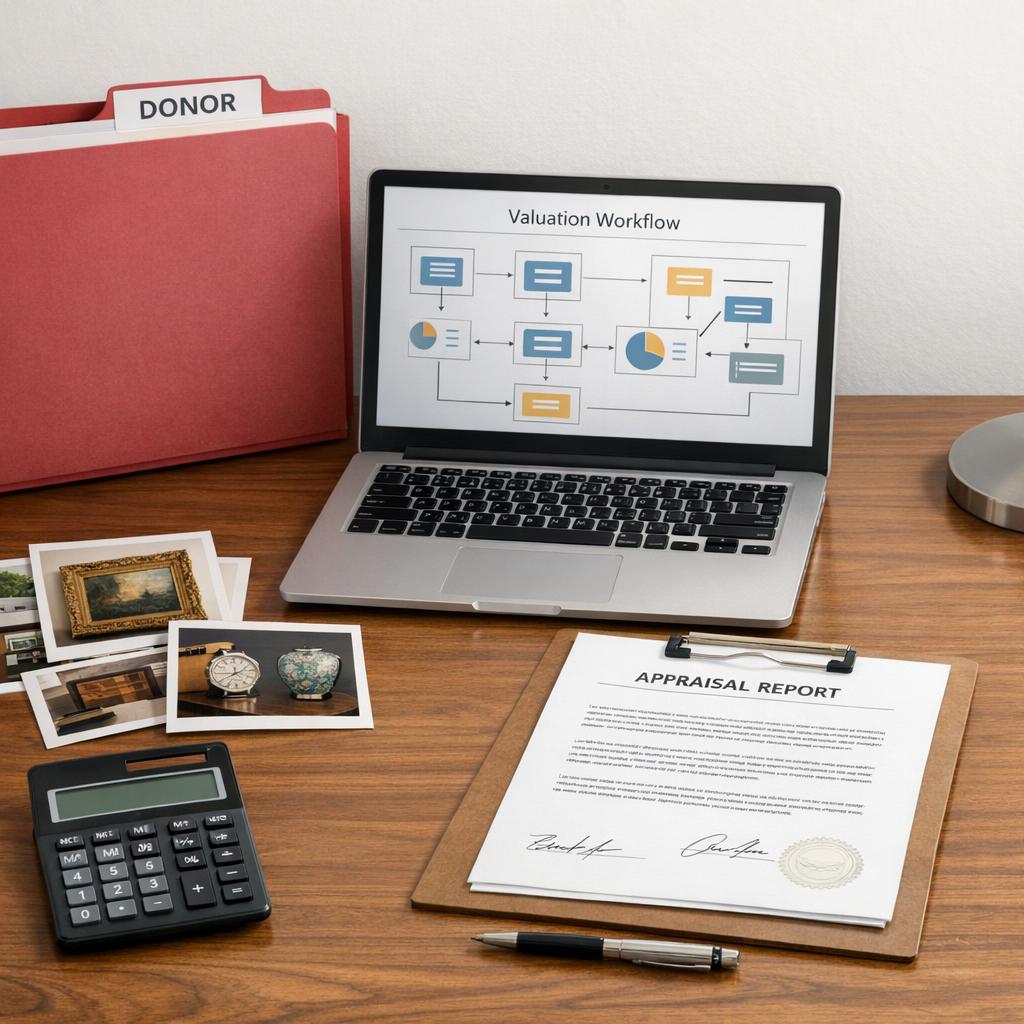 Professional appraisal desk with valuation notes and donation paperwork