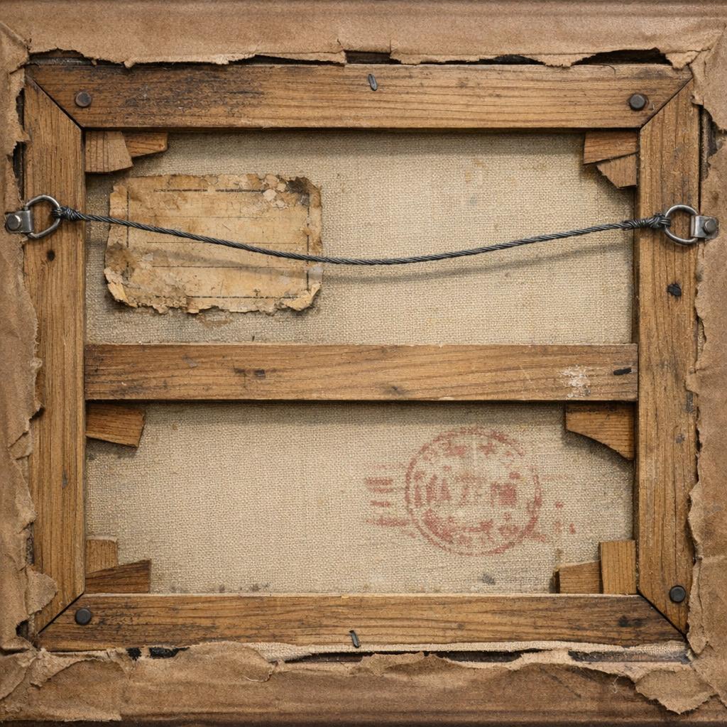 Back of a framed artwork showing stretcher bars, labels, stamps, and hanging hardware