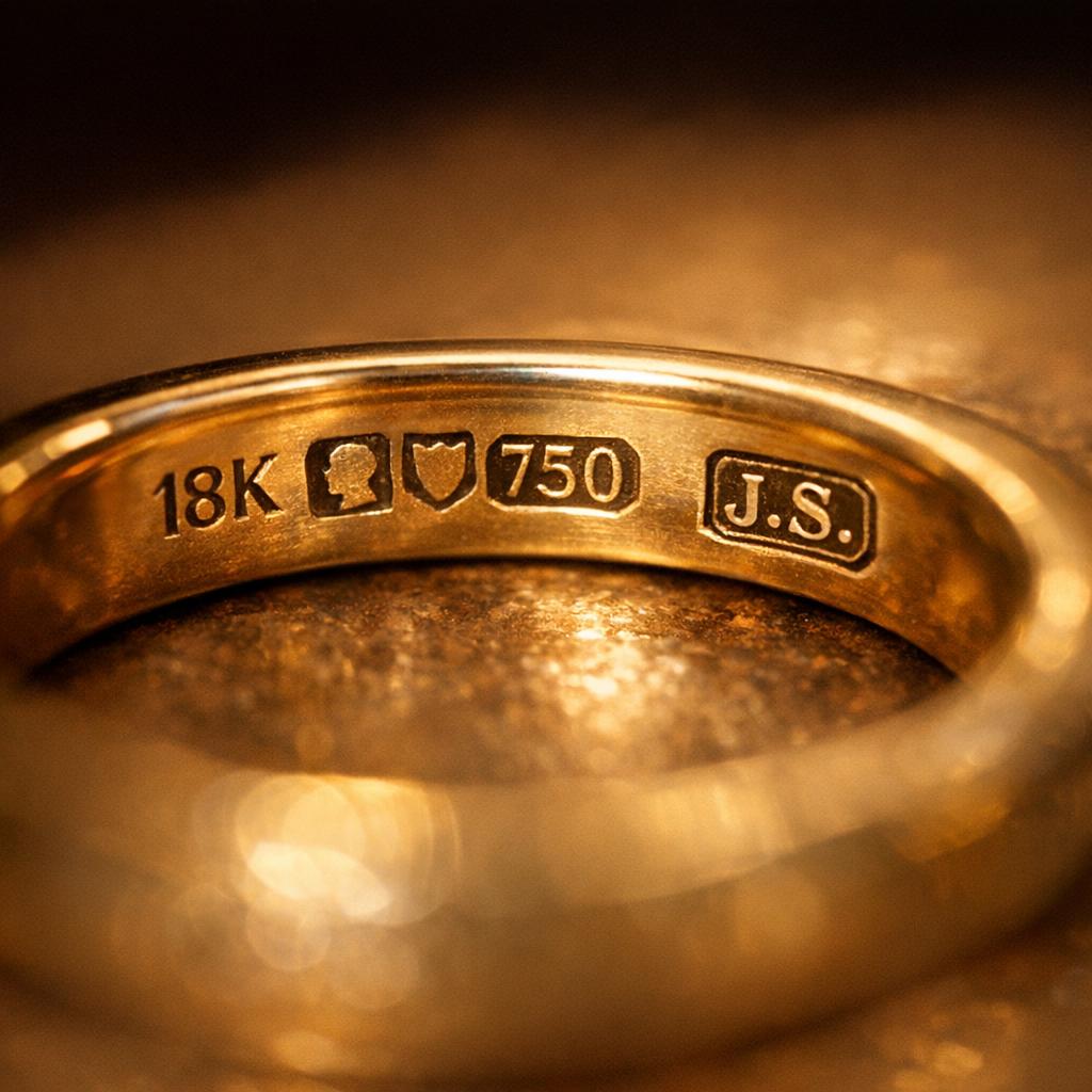 Close-up of a gold ring interior showing hallmarks and maker stamp