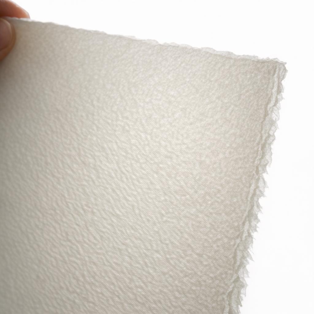 Fine art paper held to light revealing a subtle watermark and deckled edge