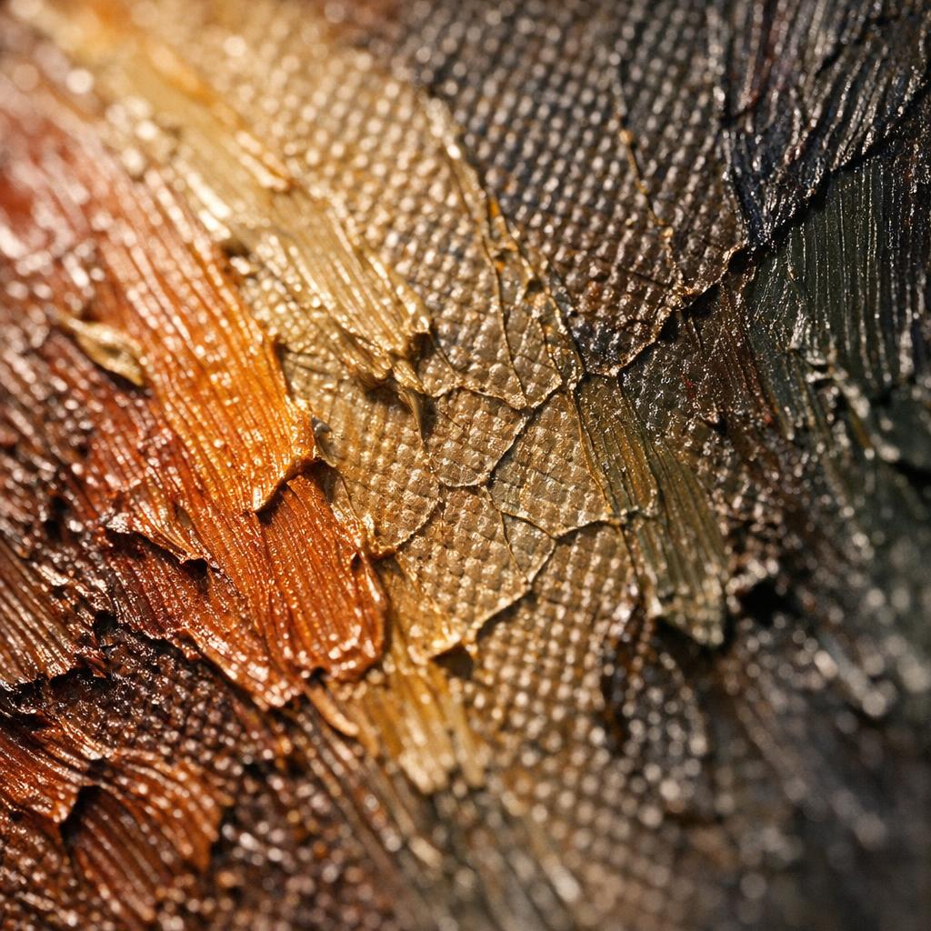 Oil painting surface under raking light showing brush texture and craquelure