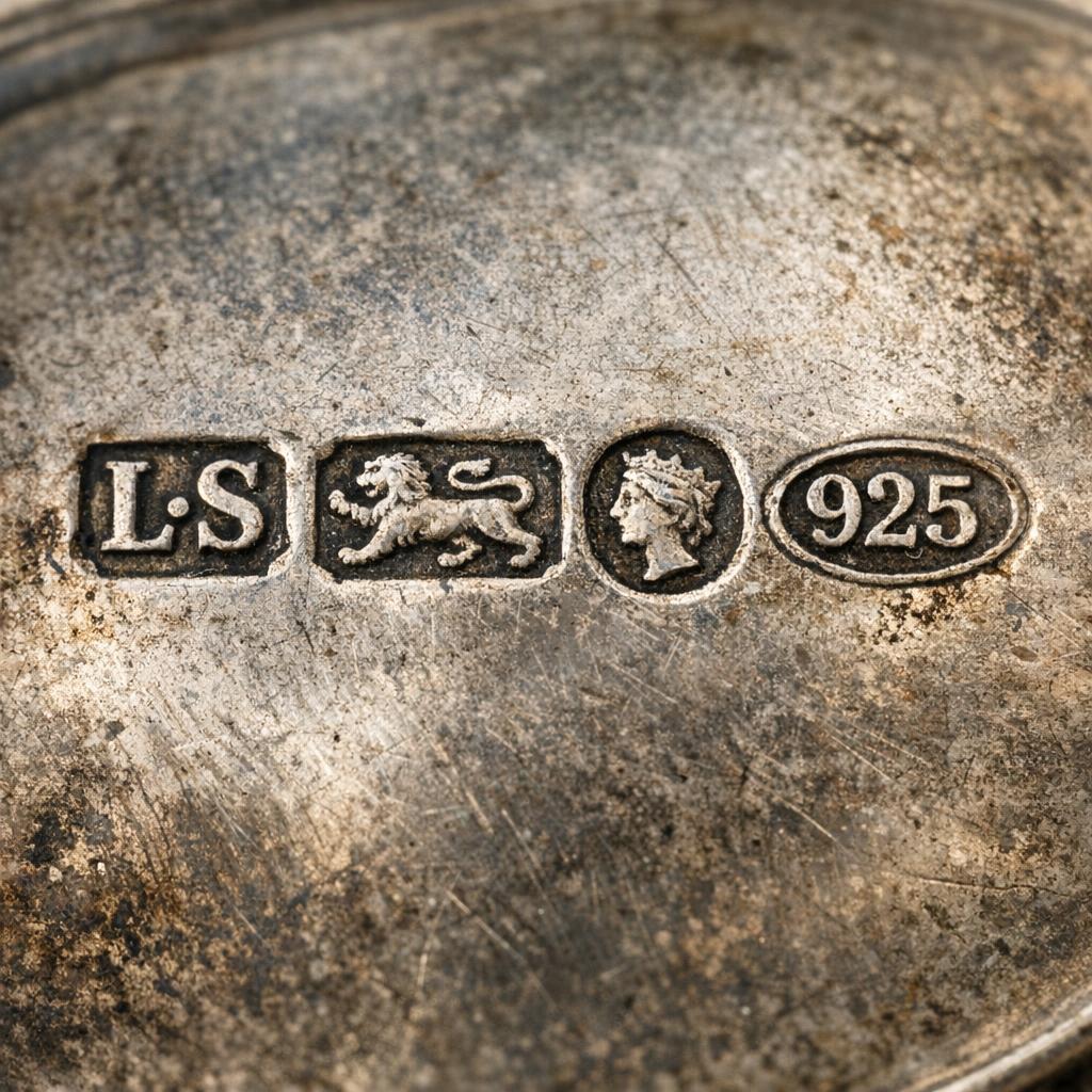 Antique silver hallmarks shown as crisp punch marks with patina