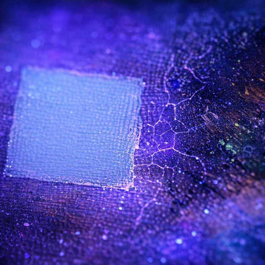 Artwork surface under UV light revealing fluorescence and a restoration patch