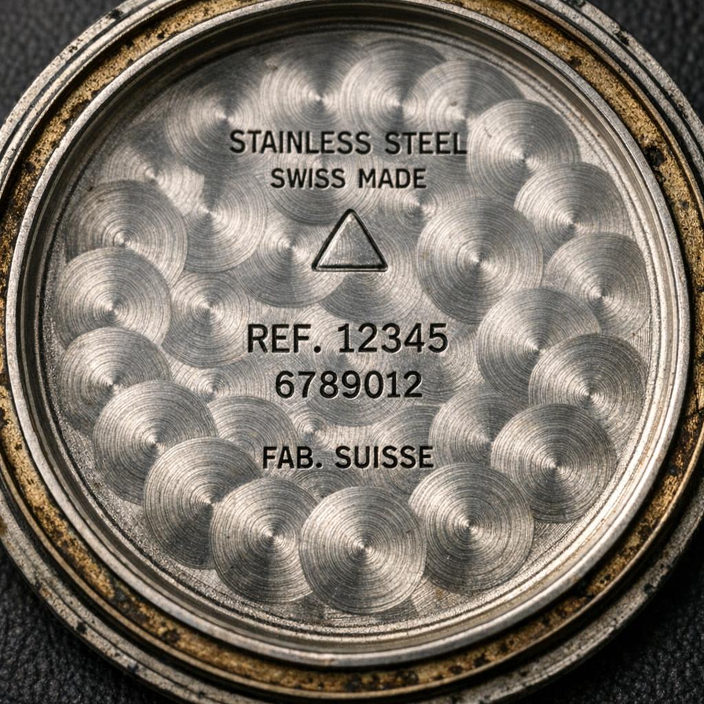 Inside of a vintage wristwatch caseback showing reference and serial markings