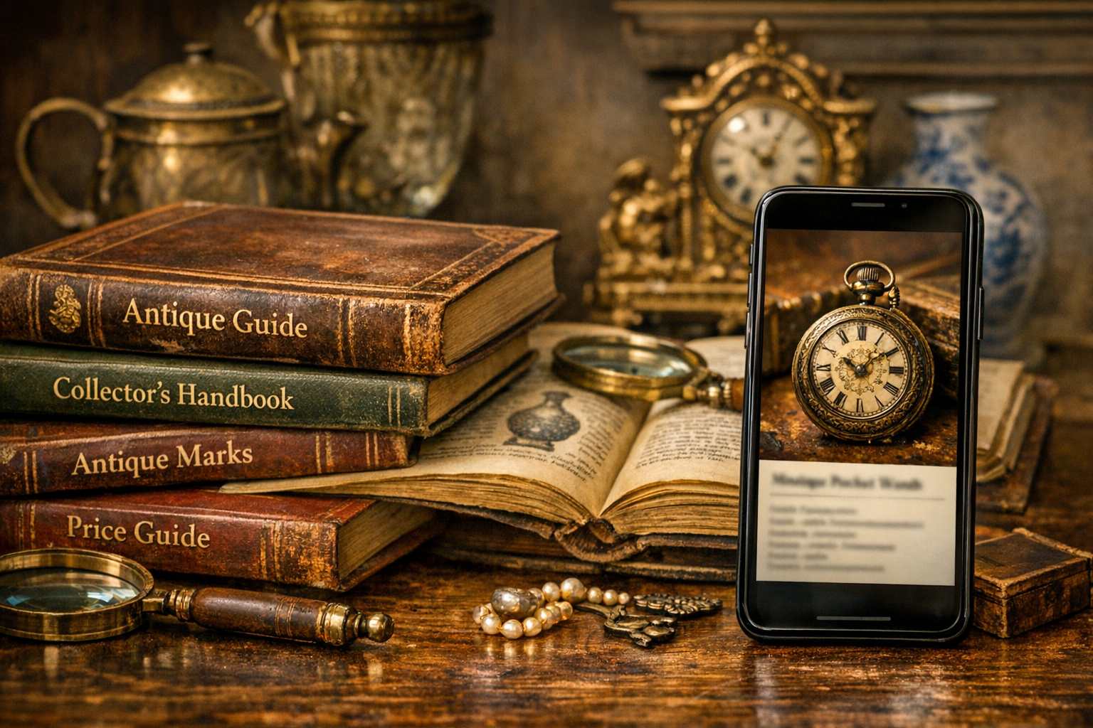 Antique reference books alongside a smartphone with identification app