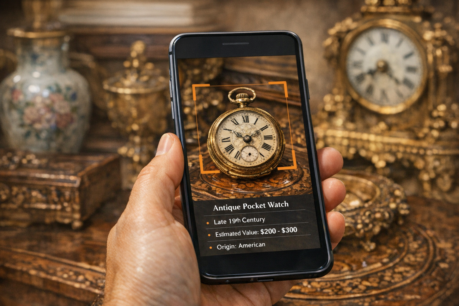 Free antique identification app scanning an antique with marks, materials, age, condition, provenance, comparable sales, and professional appraisal context