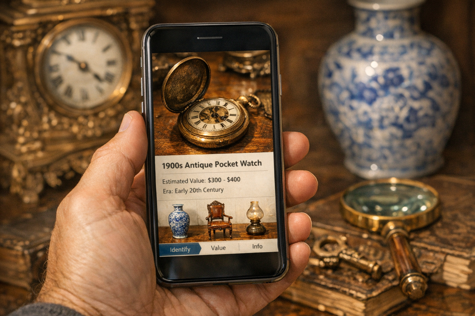 Smartphone displaying antique identification app interface